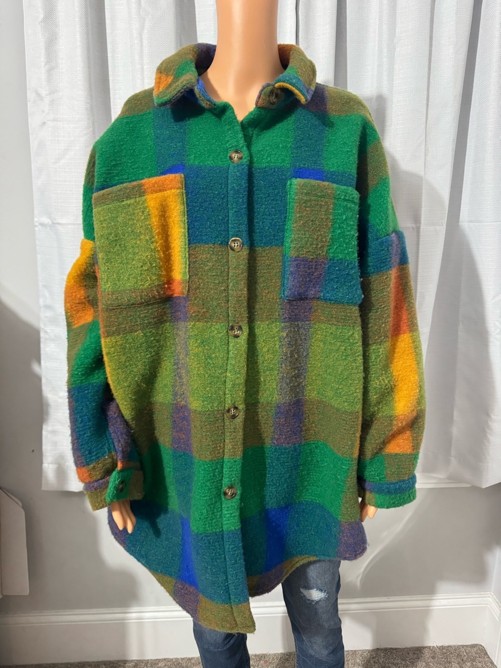 Pretty Davi & Dani size M blue green plaid midi button up coat women